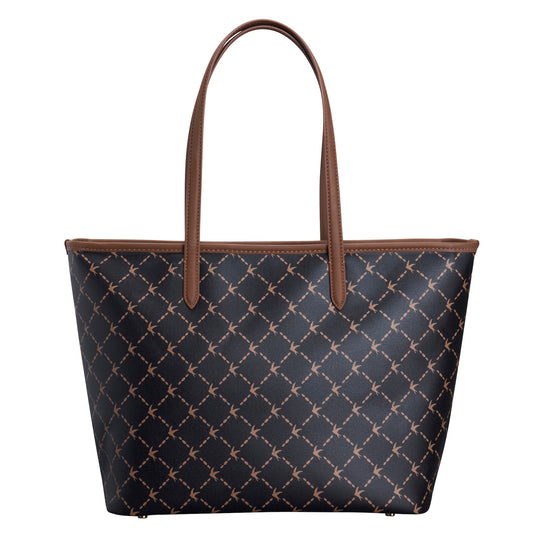 A structured tote bag with a dark navy blue base and a repeating brown monogram pattern, featuring brown shoulder straps and trim, shown against a plain white background.