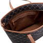 Close-up of the interior of a tote bag showing a black canvas exterior with a tan geometric monogram pattern, a brown leather trim, and a brown fabric lining with a zippered pocket.