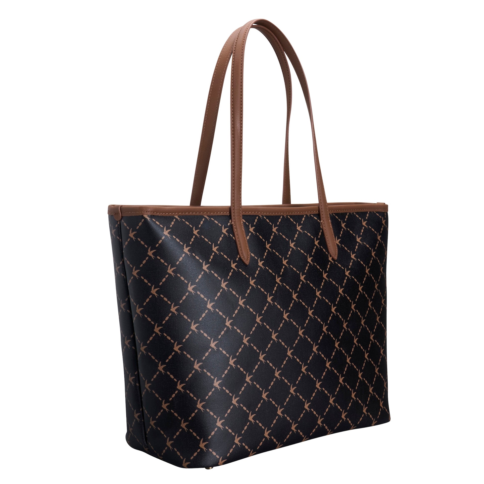 A black tote bag with a brown repeating geometric monogram pattern and matching brown shoulder straps, shown against a plain white background.