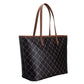 A black tote bag with a brown repeating geometric monogram pattern and matching brown shoulder straps, shown against a plain white background.