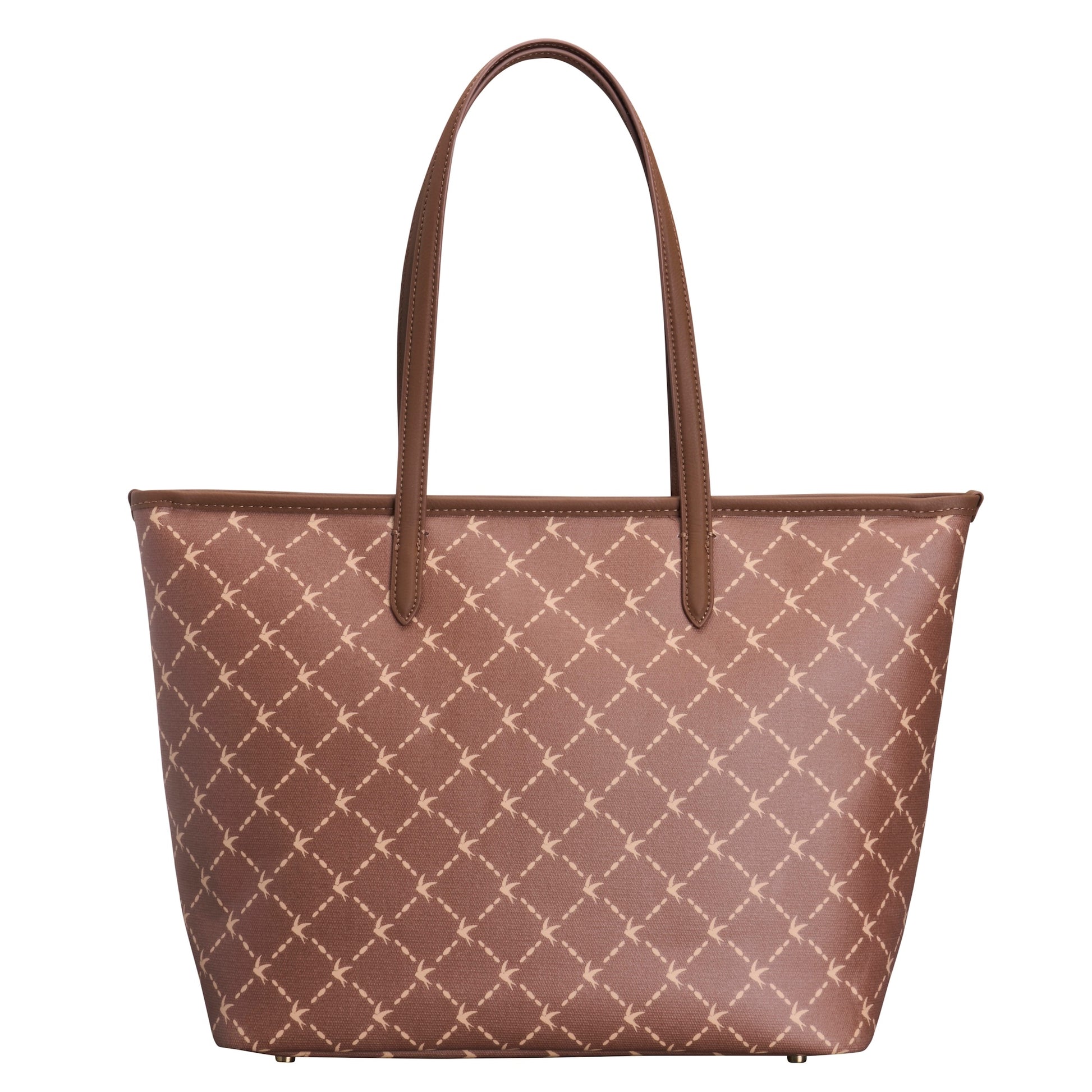 A brown tote bag with a repeating beige geometric lattice pattern and matching brown shoulder straps, shown against a plain white background.