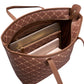 Brown tote bag with a beige geometric pattern, shown open to display its interior compartments, zipper pockets, and laptop sleeve, set against a plain white background.