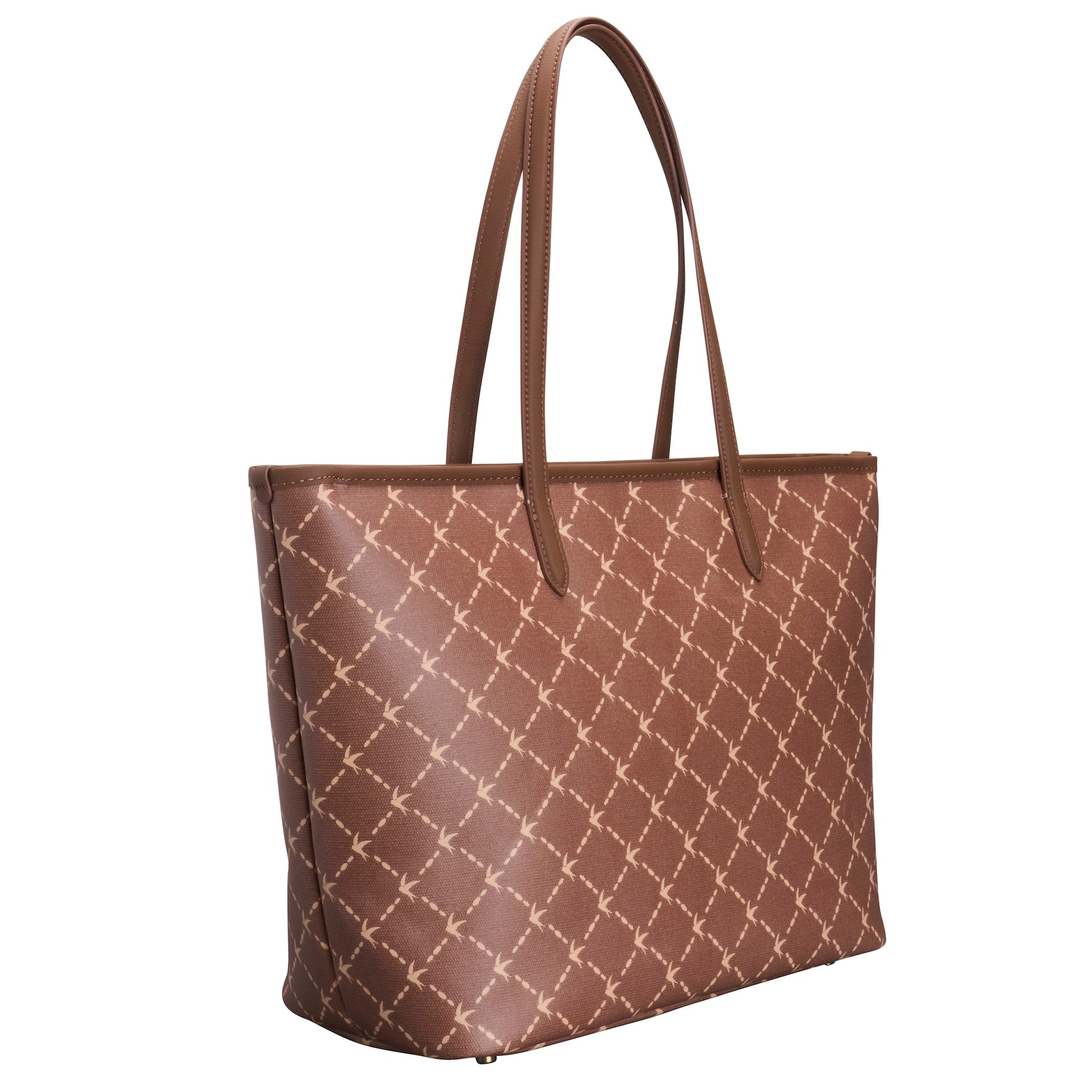 A brown leather tote bag with a beige trellis pattern and matching brown shoulder straps, shown against a plain white background.