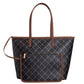 A structured tote bag with a black and brown geometric lattice pattern, brown leather handles and trim, and a front zippered pocket.