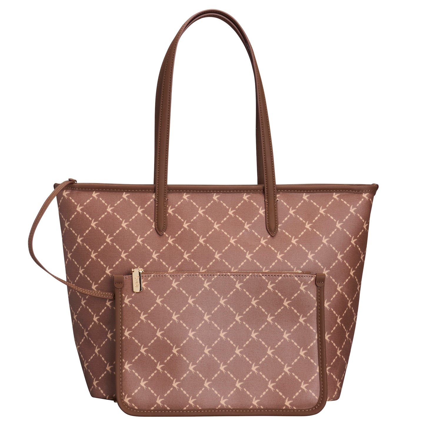 A brown tote bag with a repeating beige geometric lattice pattern, featuring dual top handles, a front zippered pocket, and a detachable shoulder strap, shown against a plain white background.