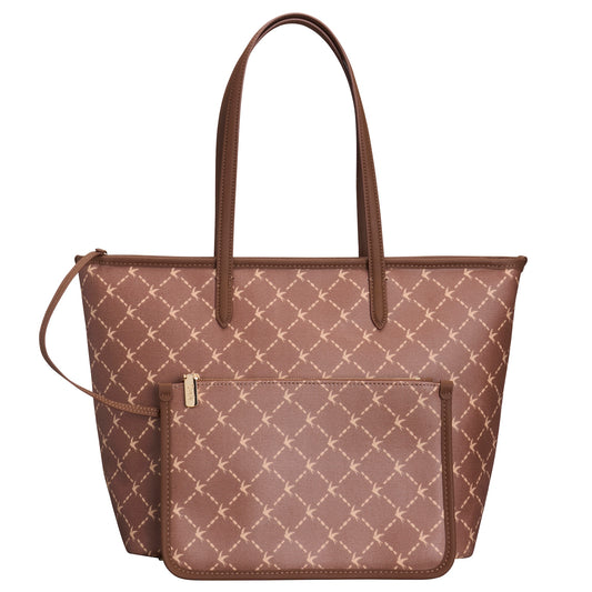 A brown tote bag with a repeating beige geometric lattice pattern, featuring dual top handles, a front zippered pocket, and a detachable shoulder strap, shown against a plain white background.